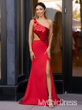One Shoulder Red Mirror Metallic Prom Dress Sequins with Slit